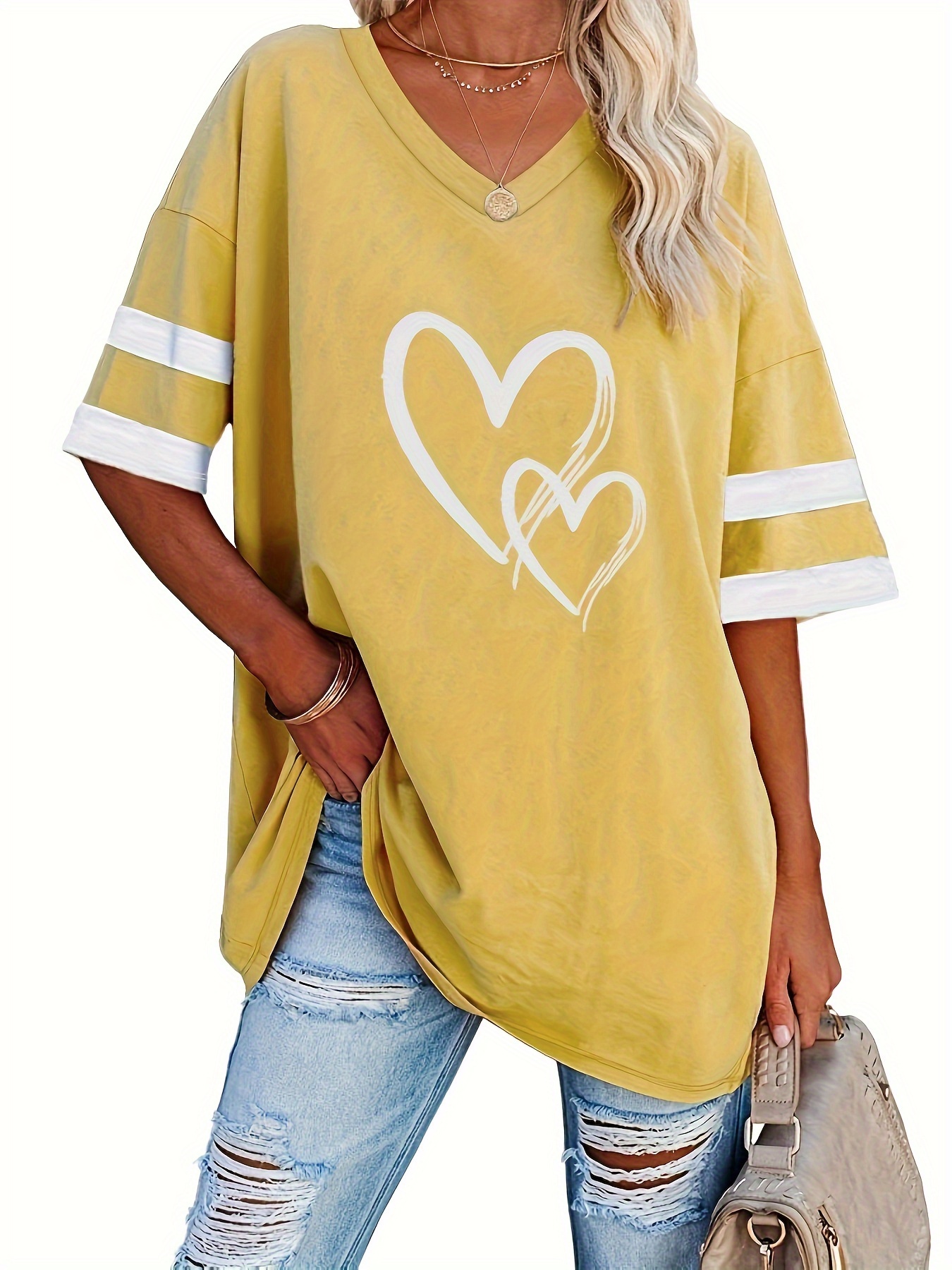 plus size heart print t shirt casual v neck short sleeve t shirt womens plus size clothing details 3