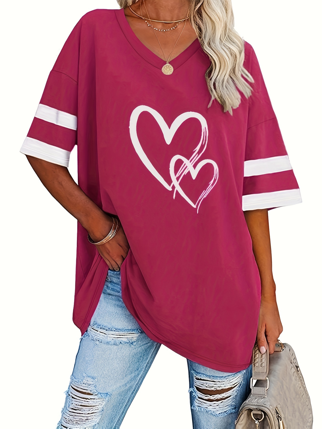 plus size heart print t shirt casual v neck short sleeve t shirt womens plus size clothing details 6