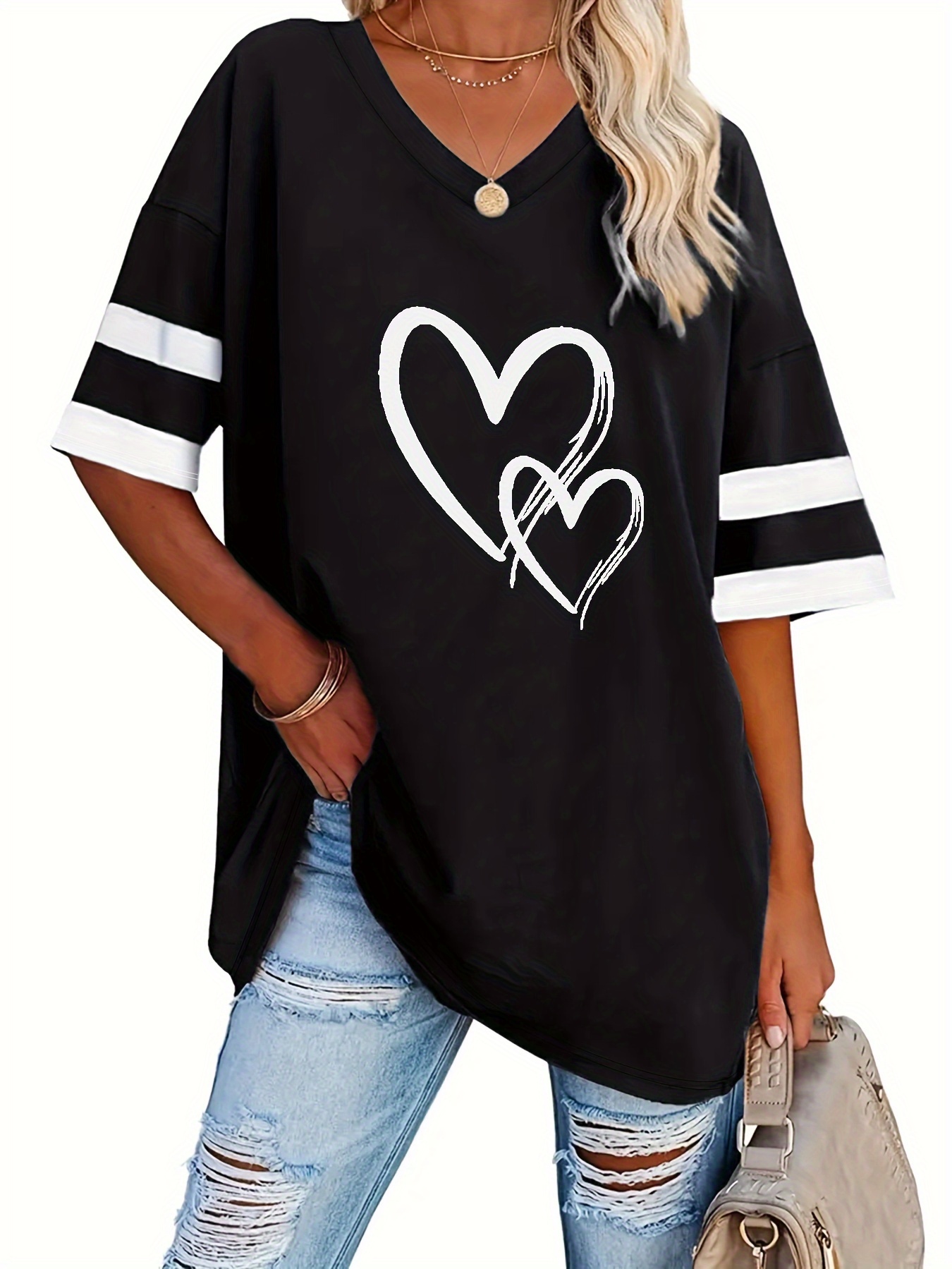 plus size heart print t shirt casual v neck short sleeve t shirt womens plus size clothing details 9