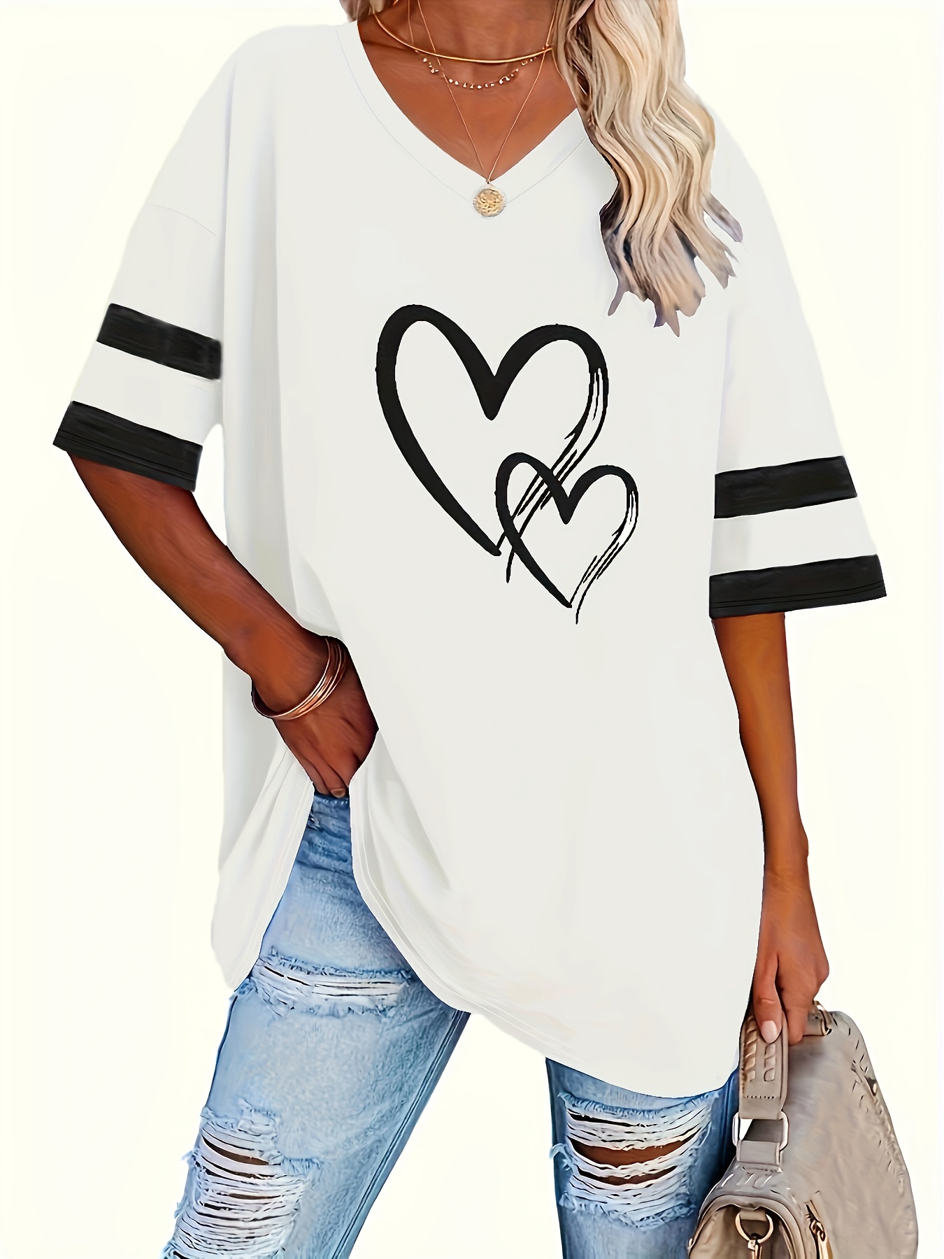 plus size heart print t shirt casual v neck short sleeve t shirt womens plus size clothing details 12