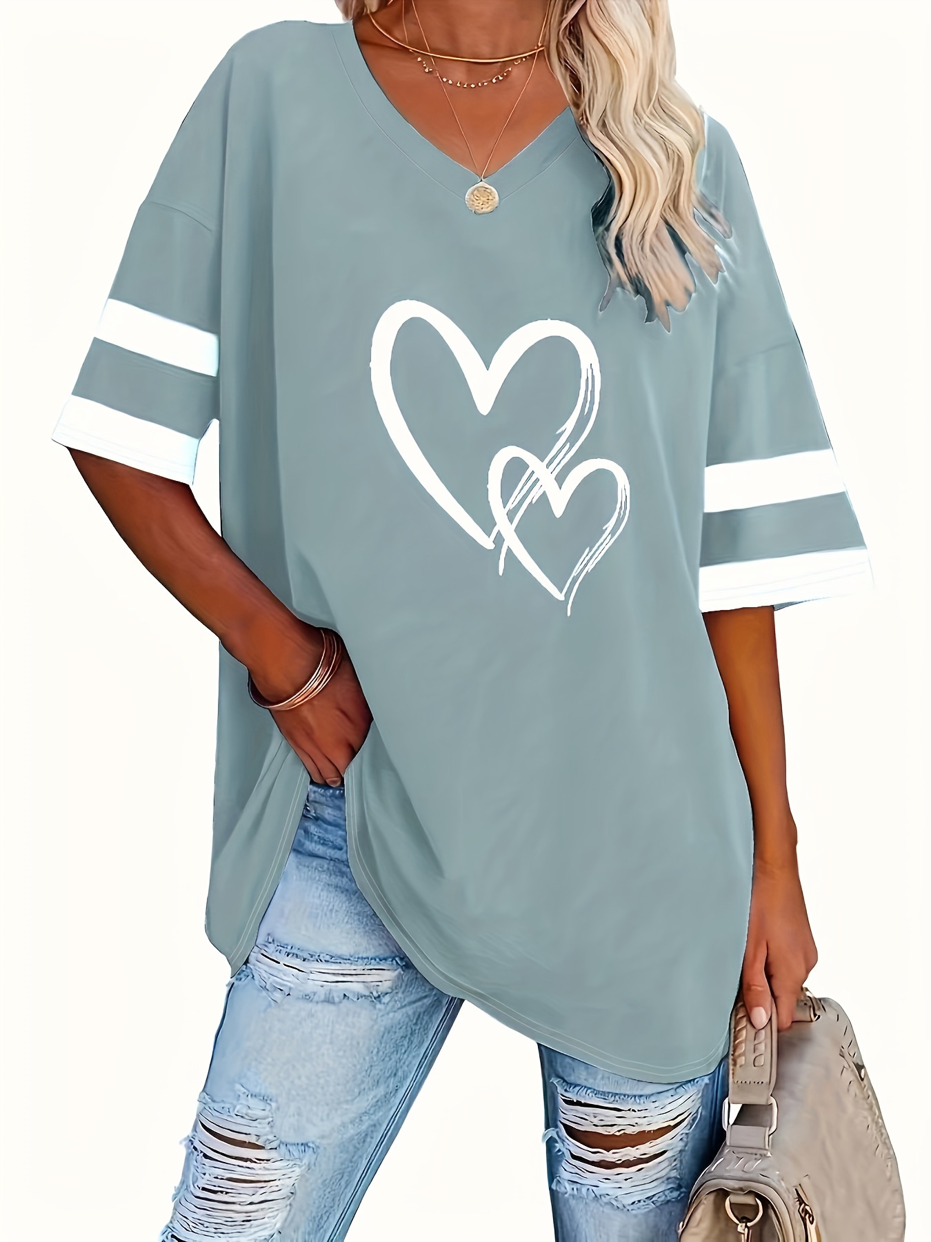 plus size heart print t shirt casual v neck short sleeve t shirt womens plus size clothing details 15