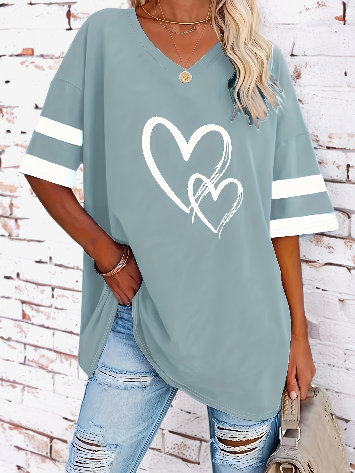 plus size heart print t shirt casual v neck short sleeve t shirt womens plus size clothing details 18