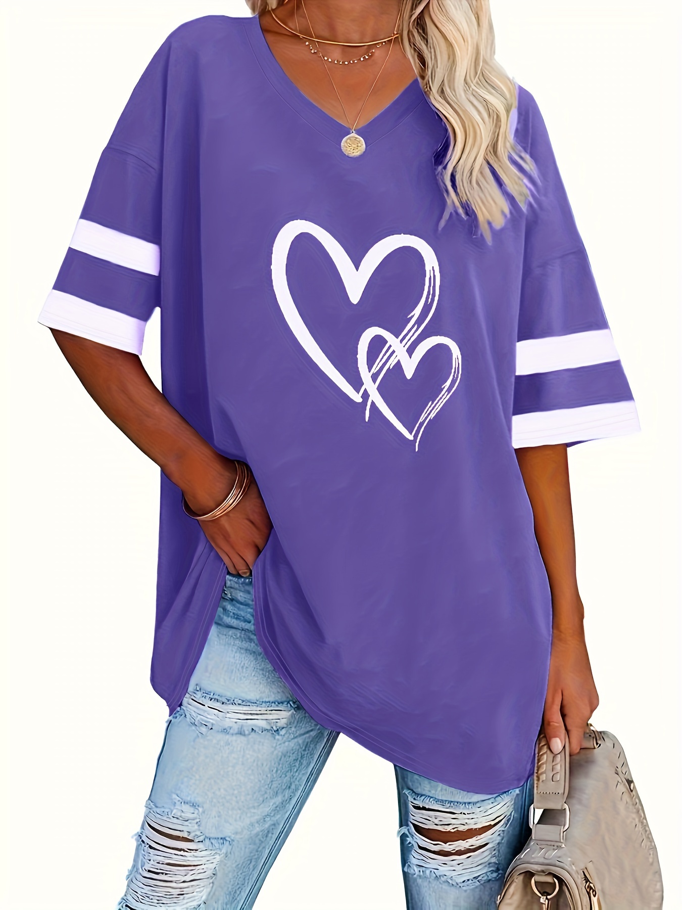 plus size heart print t shirt casual v neck short sleeve t shirt womens plus size clothing details 19