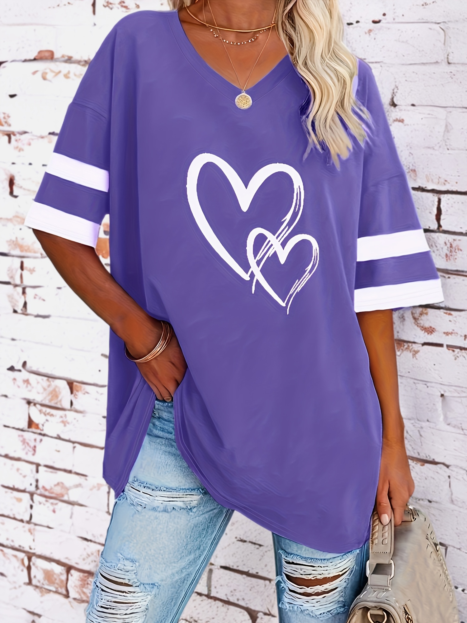 plus size heart print t shirt casual v neck short sleeve t shirt womens plus size clothing details 22