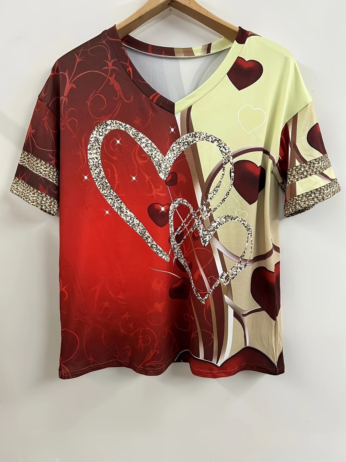 plus size heart print t shirt casual v neck short sleeve t shirt womens plus size clothing details 24