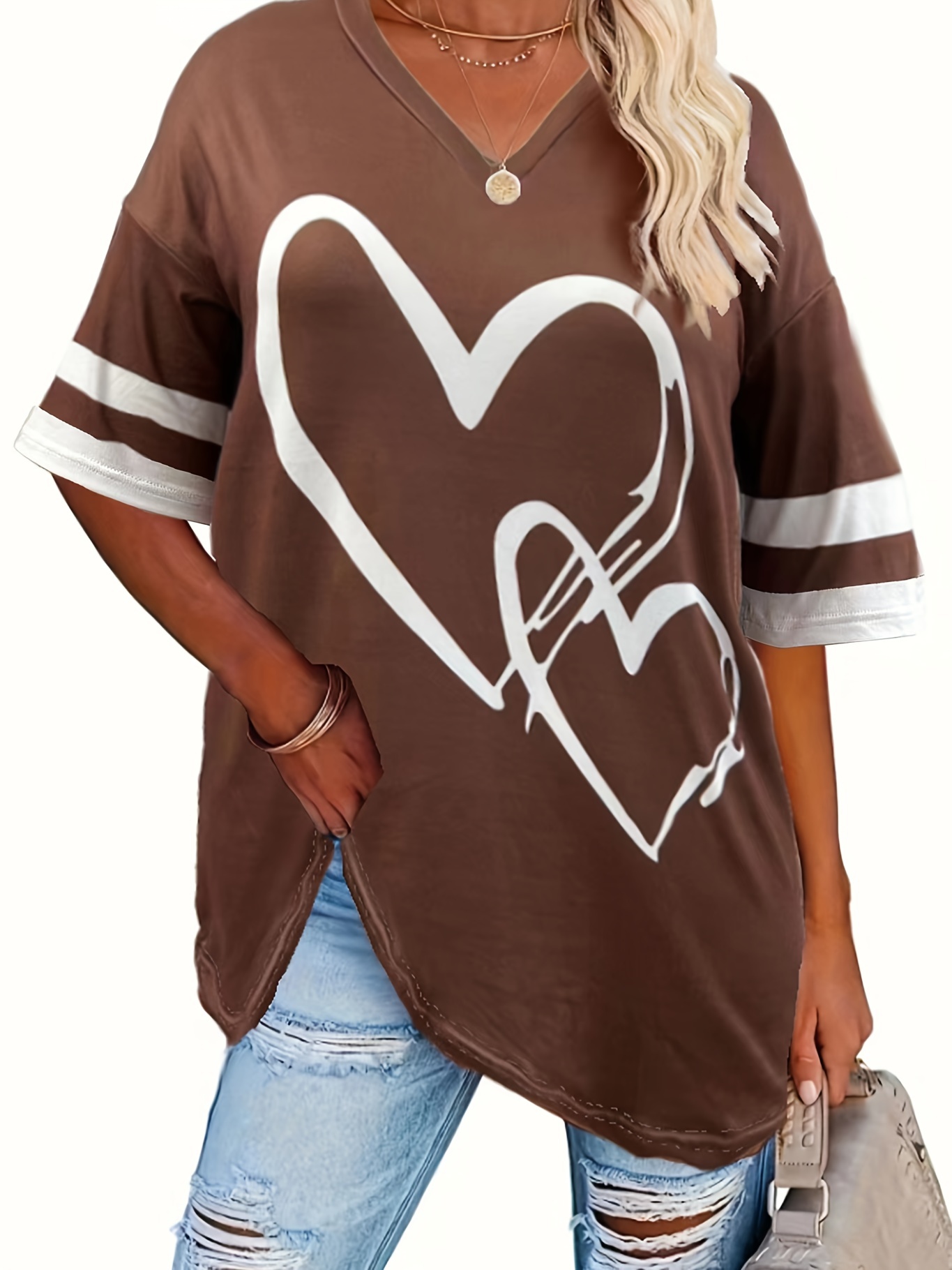 plus size heart print t shirt casual v neck short sleeve t shirt womens plus size clothing details 27