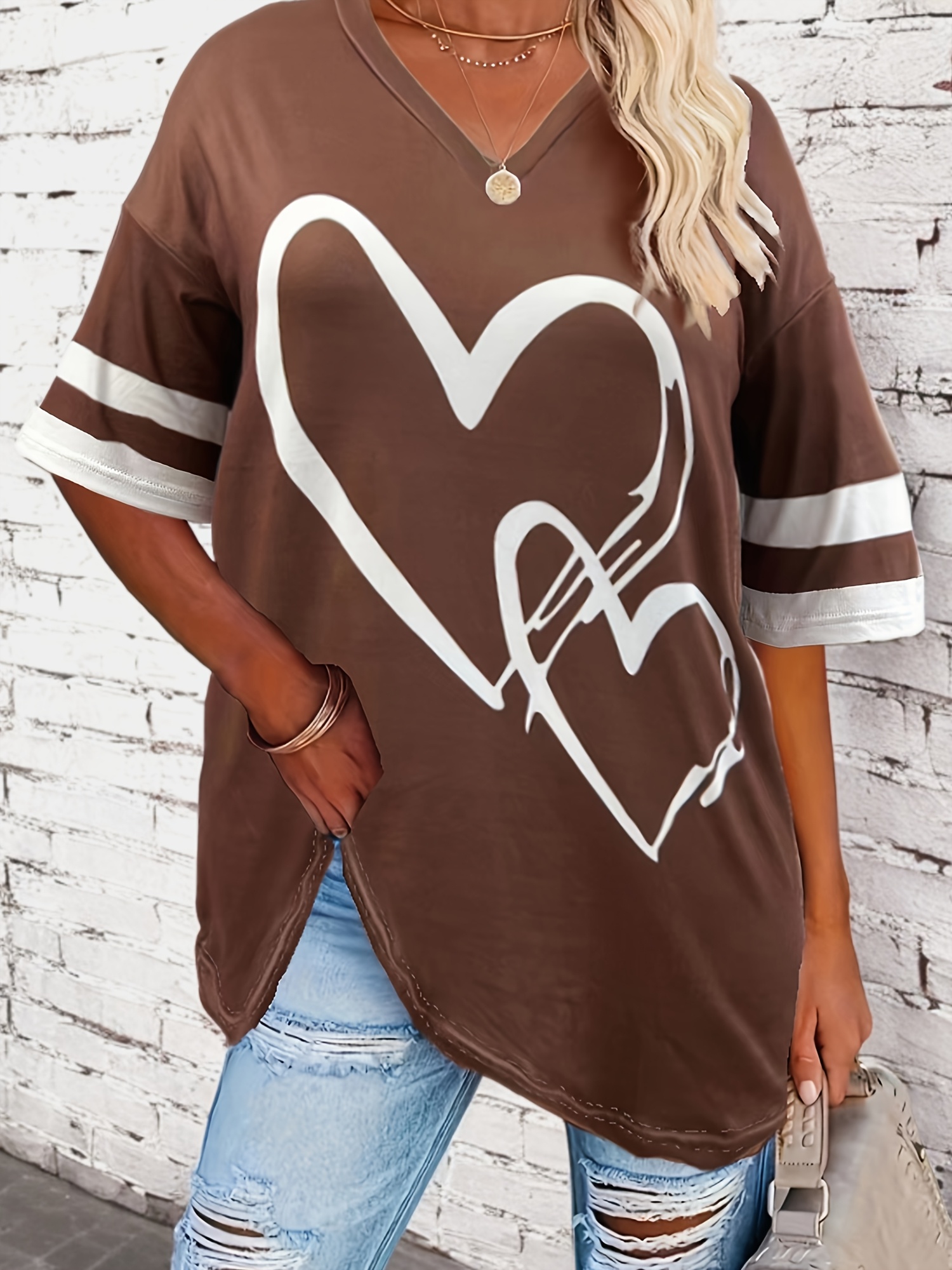 plus size heart print t shirt casual v neck short sleeve t shirt womens plus size clothing details 30