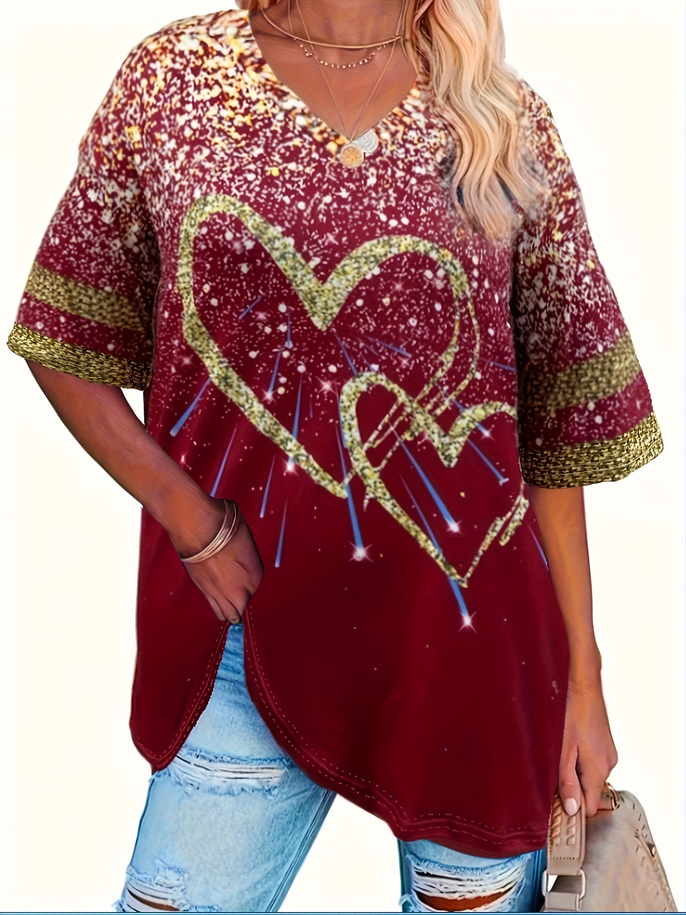 plus size heart print t shirt casual v neck short sleeve t shirt womens plus size clothing details 31