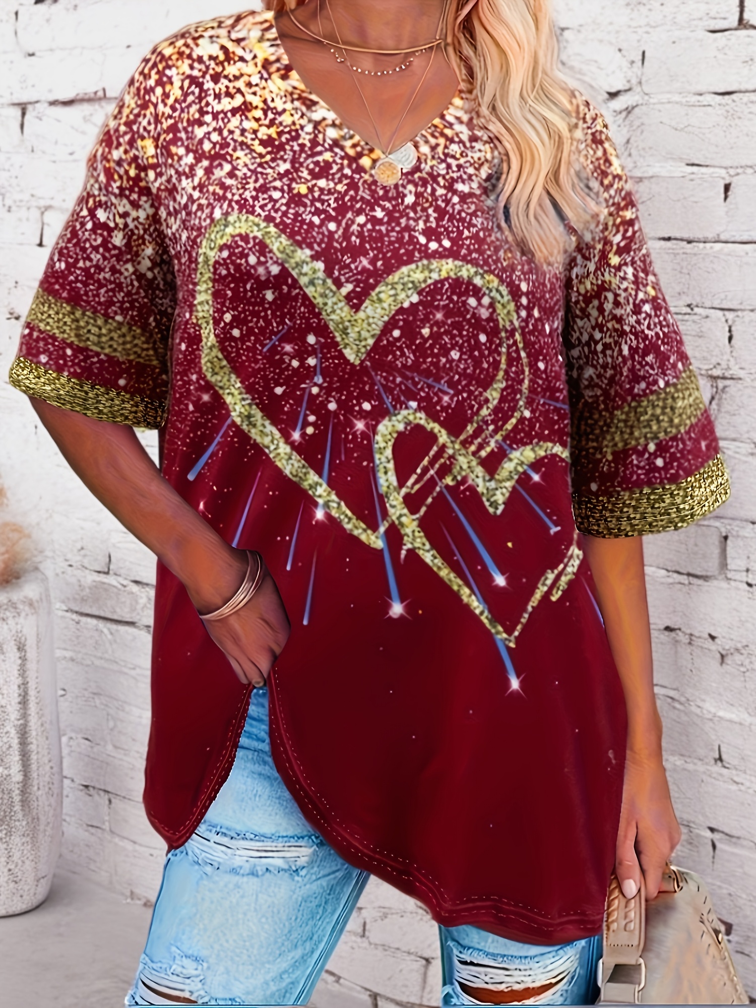 plus size heart print t shirt casual v neck short sleeve t shirt womens plus size clothing details 34