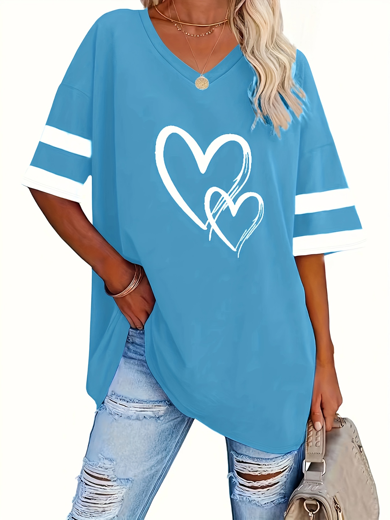 plus size heart print t shirt casual v neck short sleeve t shirt womens plus size clothing details 35