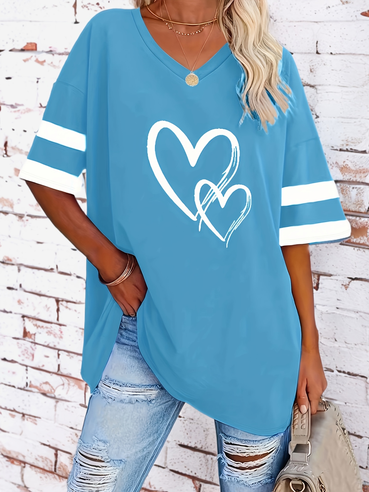 plus size heart print t shirt casual v neck short sleeve t shirt womens plus size clothing details 38