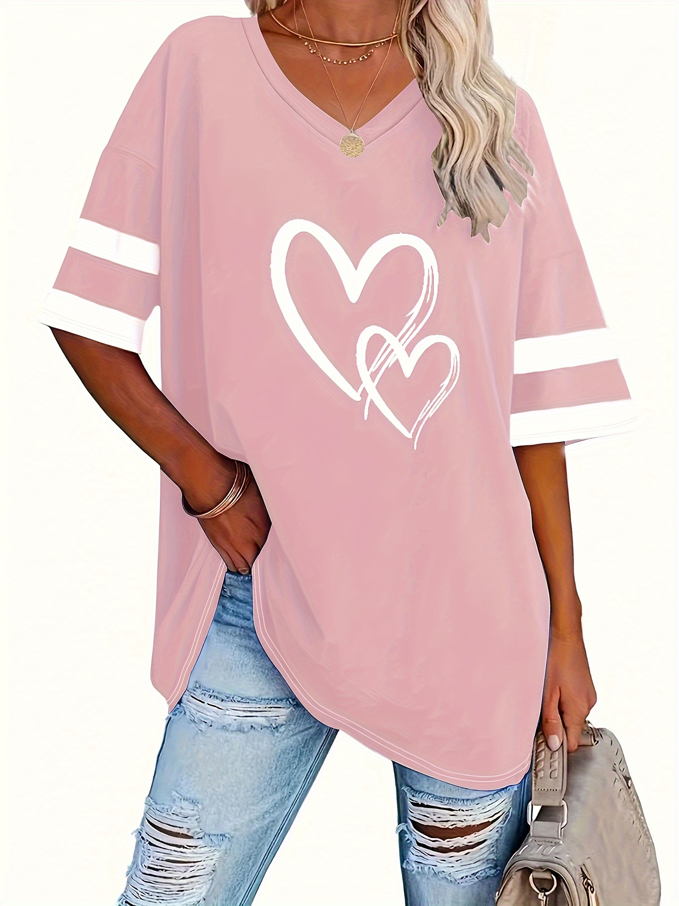 plus size heart print t shirt casual v neck short sleeve t shirt womens plus size clothing details 39