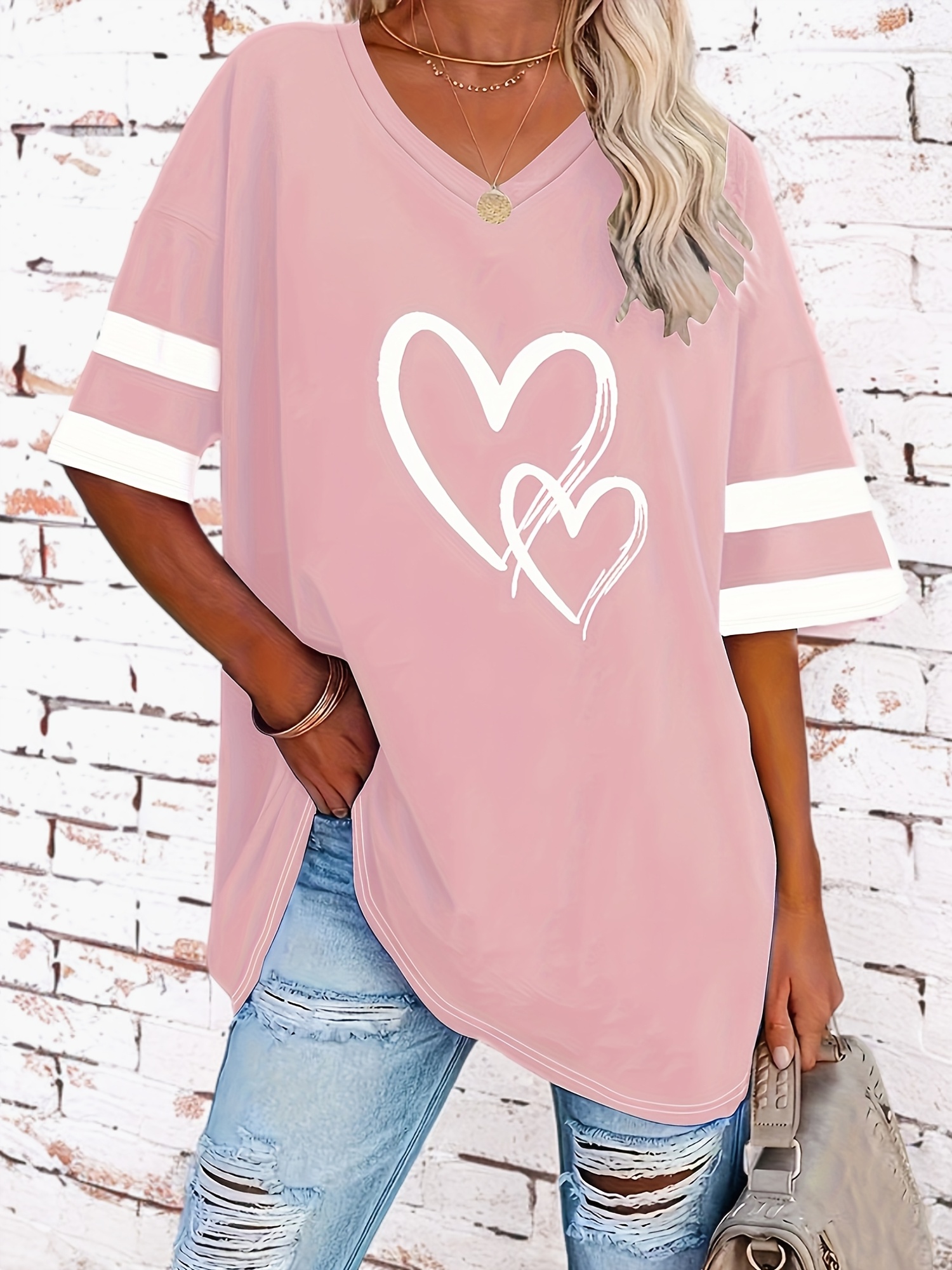 plus size heart print t shirt casual v neck short sleeve t shirt womens plus size clothing details 42