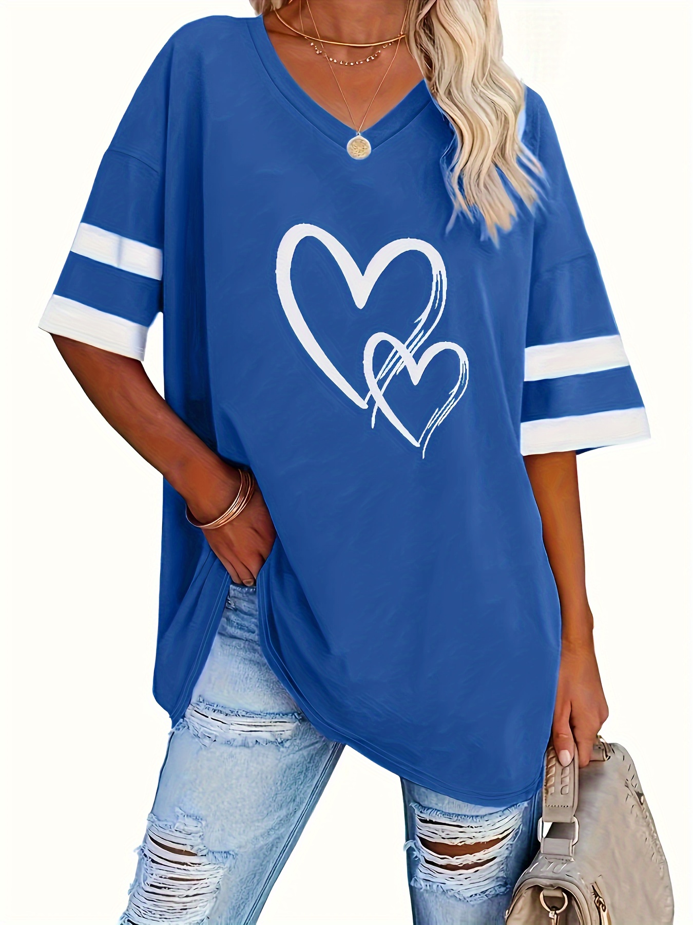 plus size heart print t shirt casual v neck short sleeve t shirt womens plus size clothing details 44