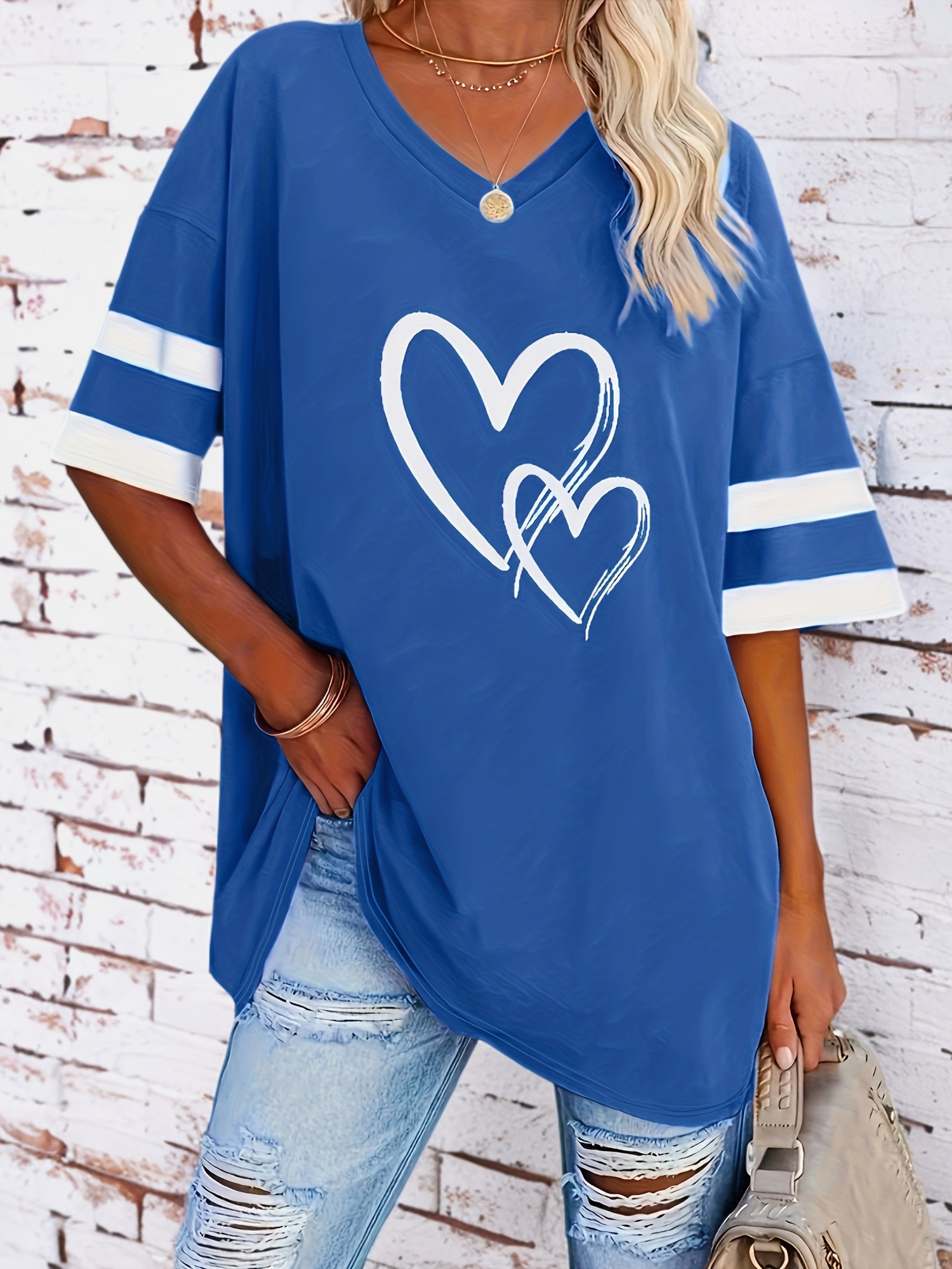 plus size heart print t shirt casual v neck short sleeve t shirt womens plus size clothing details 46