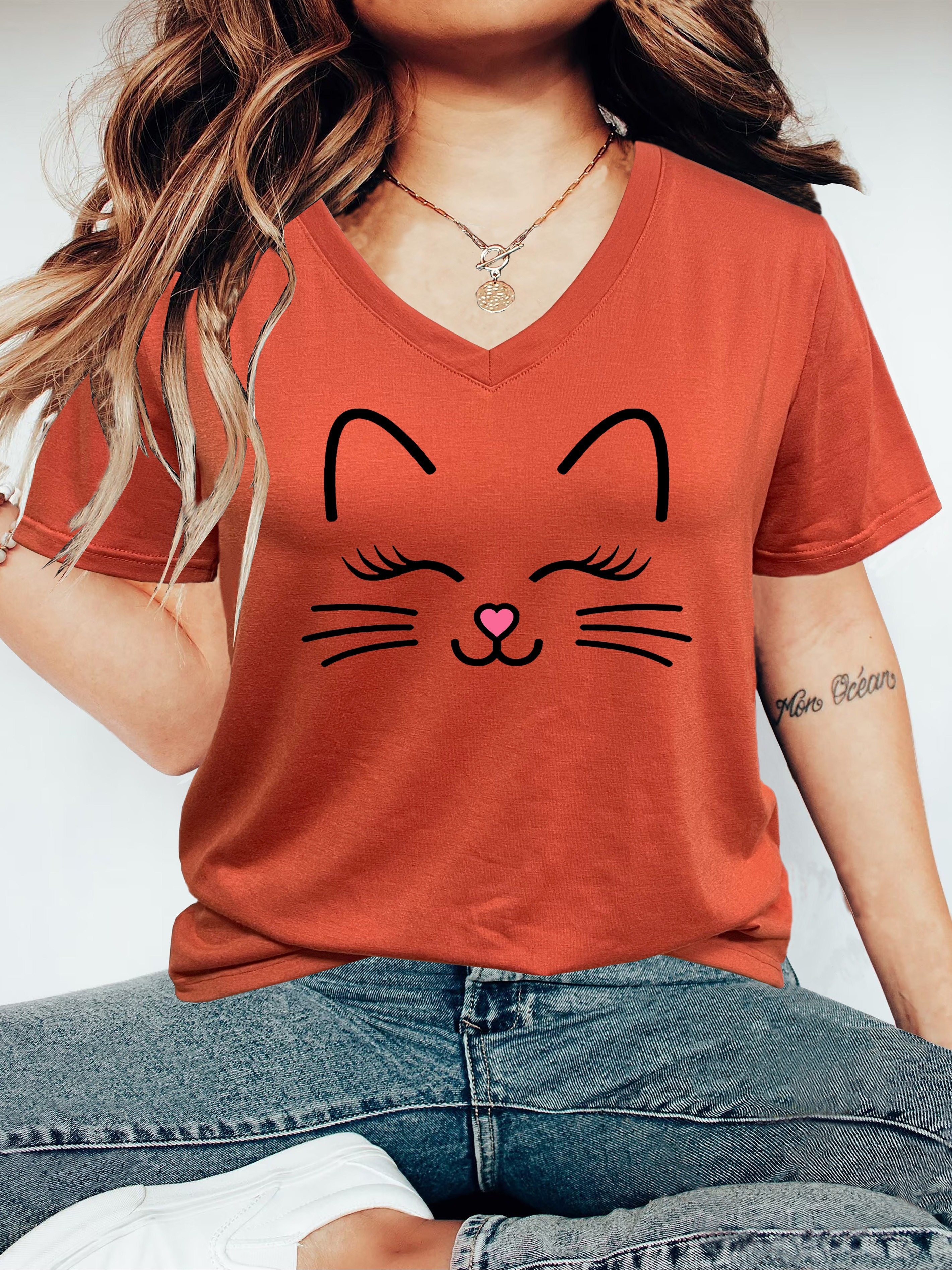 plus size cartoon cat print t shirt casual v neck short sleeve t shirt womens plus size clothing details 0