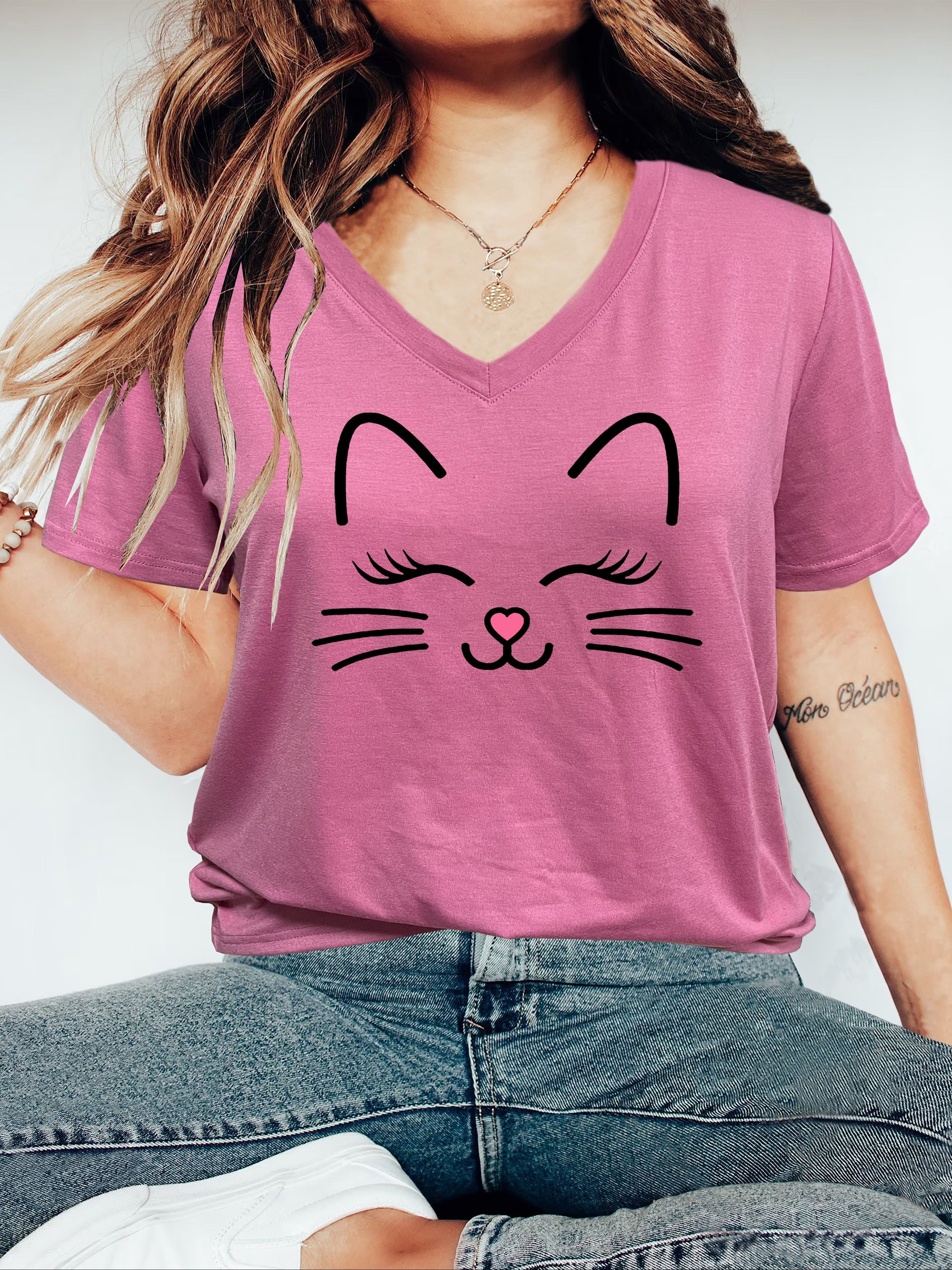 plus size cartoon cat print t shirt casual v neck short sleeve t shirt womens plus size clothing details 4