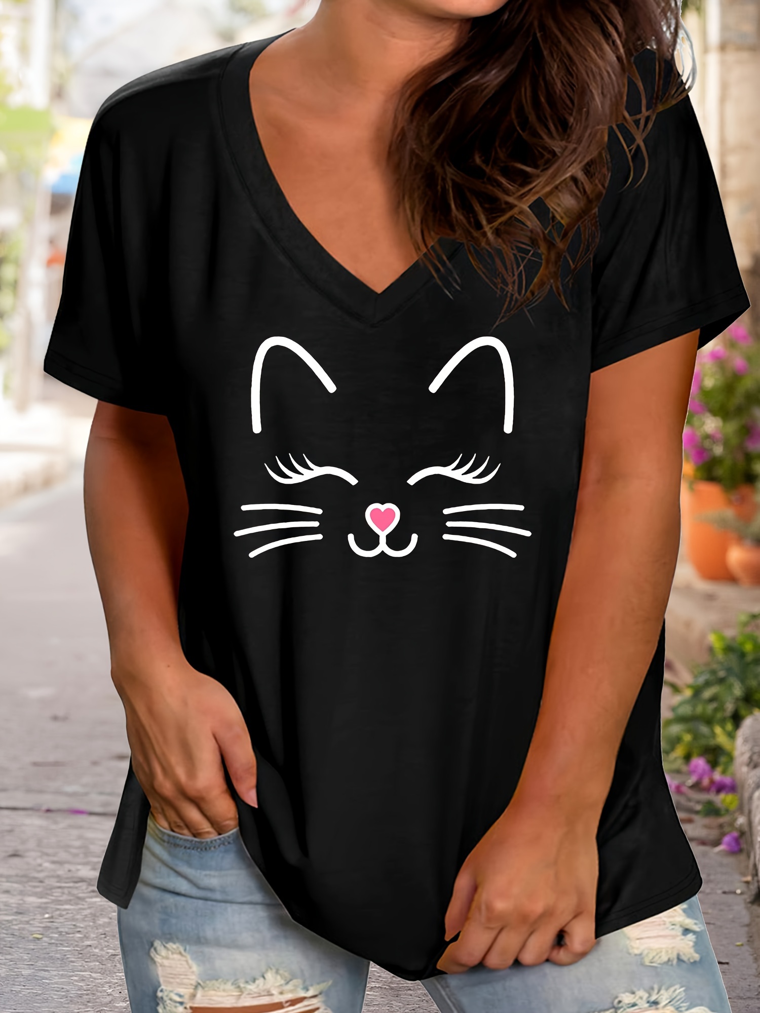 plus size cartoon cat print t shirt casual v neck short sleeve t shirt womens plus size clothing details 12