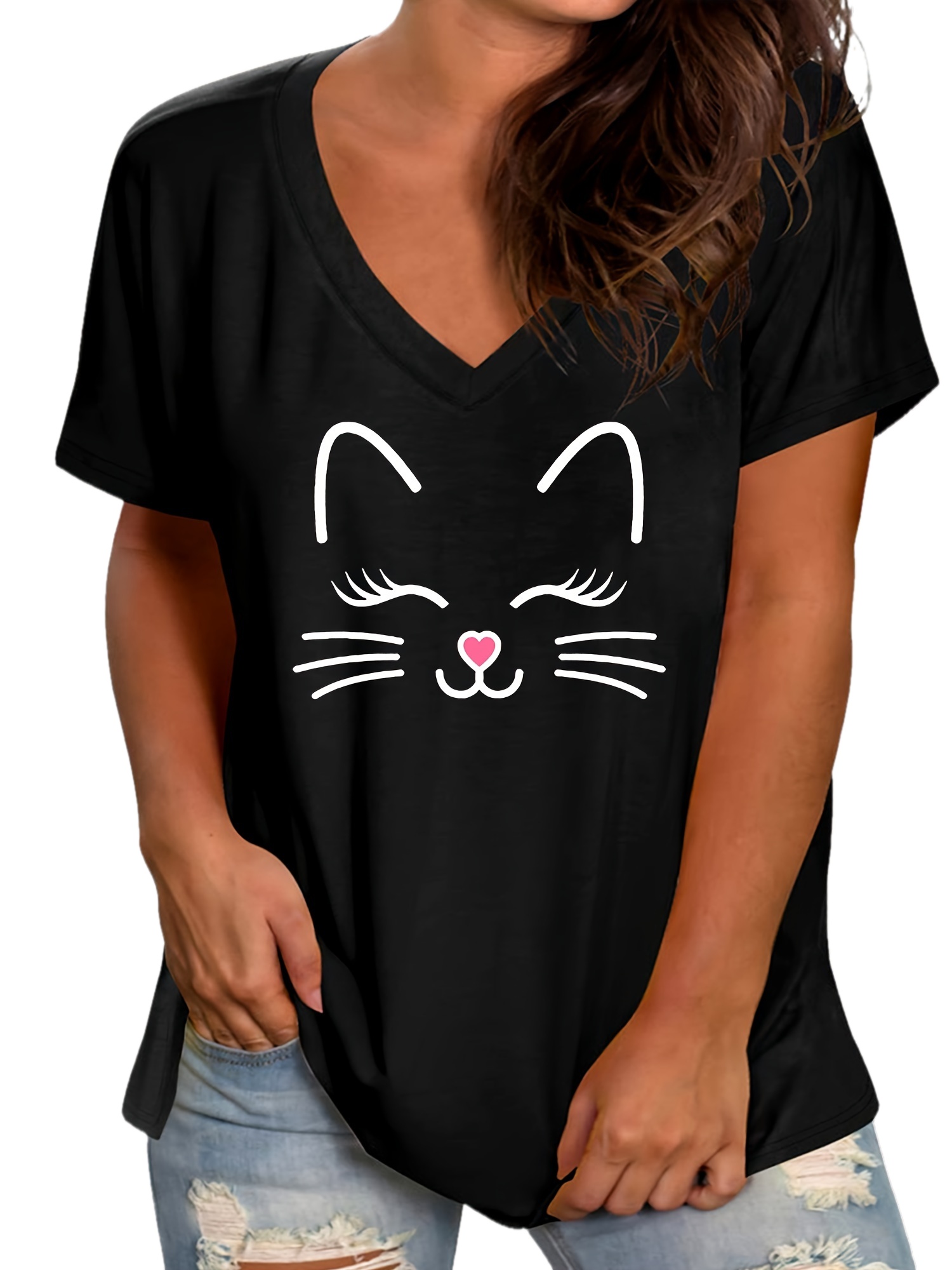 plus size cartoon cat print t shirt casual v neck short sleeve t shirt womens plus size clothing details 15