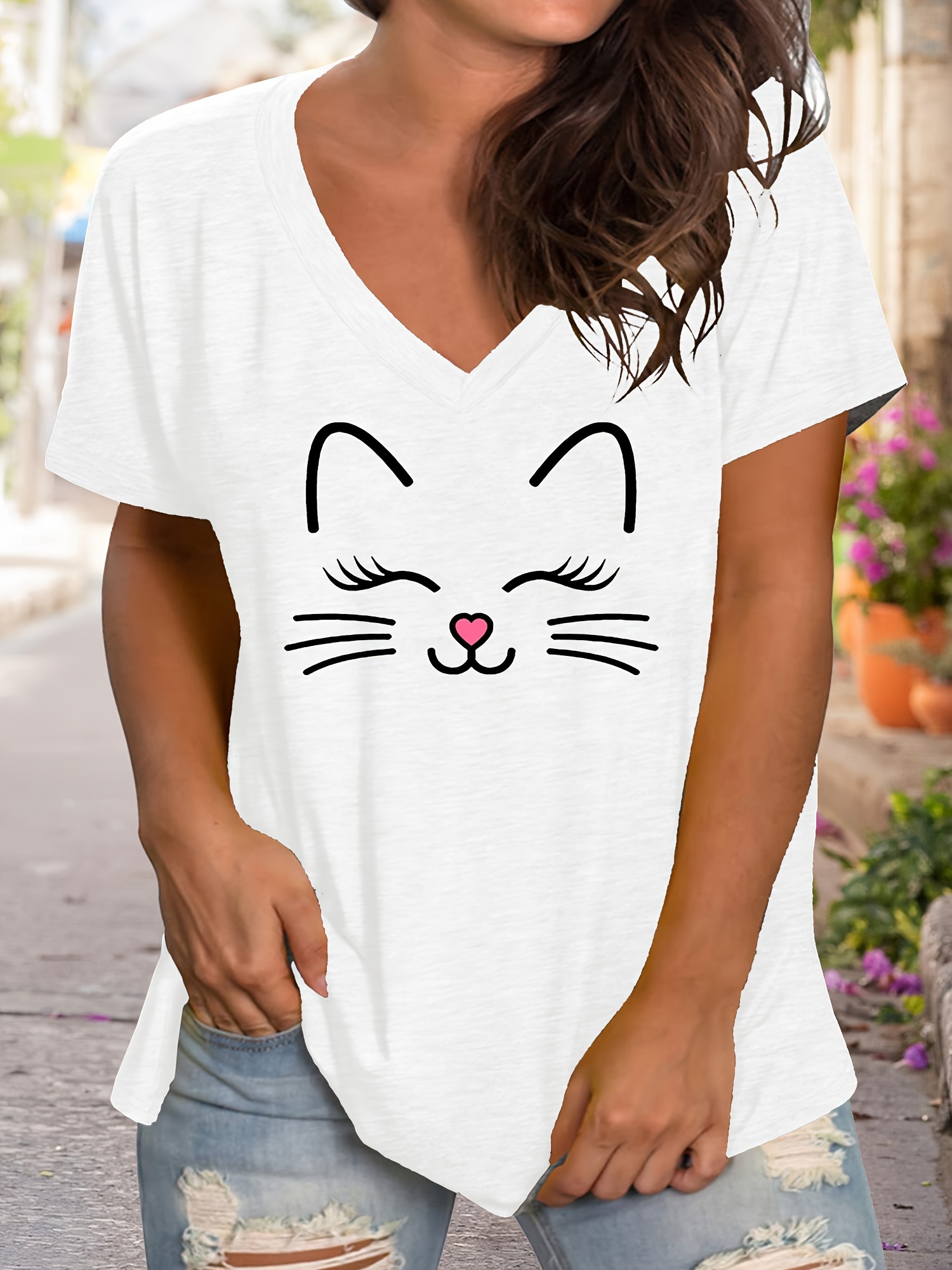 plus size cartoon cat print t shirt casual v neck short sleeve t shirt womens plus size clothing details 16