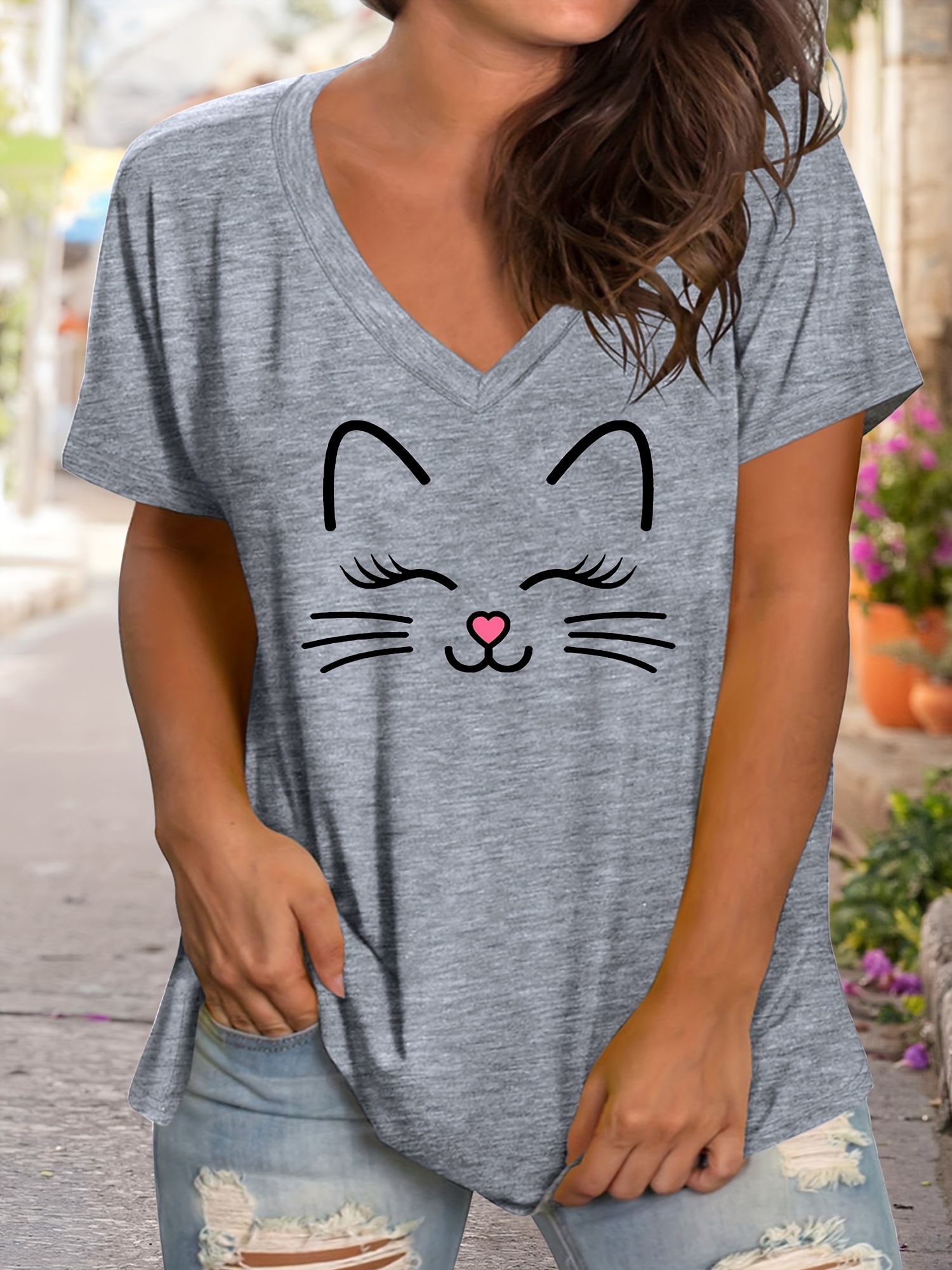 plus size cartoon cat print t shirt casual v neck short sleeve t shirt womens plus size clothing details 21