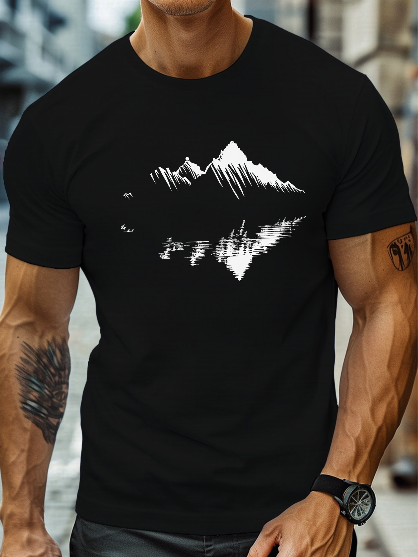 plus size mens summer t shirt mountain reflection graphic print short sleeve tees trend casual tops for daily life big tall guys details 0