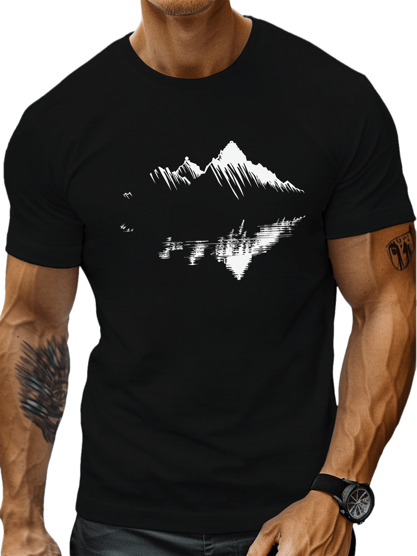 plus size mens summer t shirt mountain reflection graphic print short sleeve tees trend casual tops for daily life big tall guys details 2