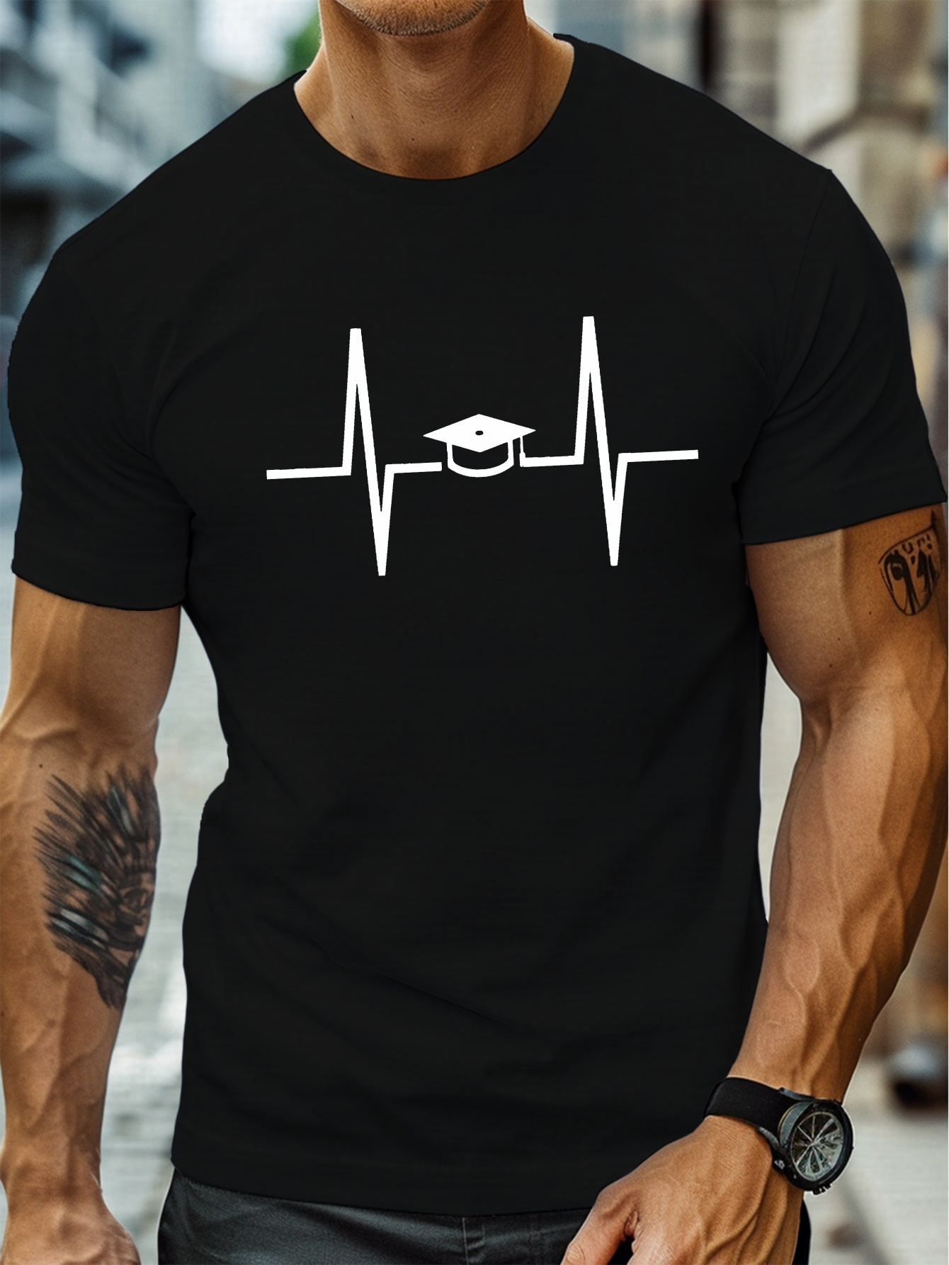 plus size mens summer t shirt heartbeat graduation cap graphic print short sleeve tees trend casual tops for daily life big tall guys details 5