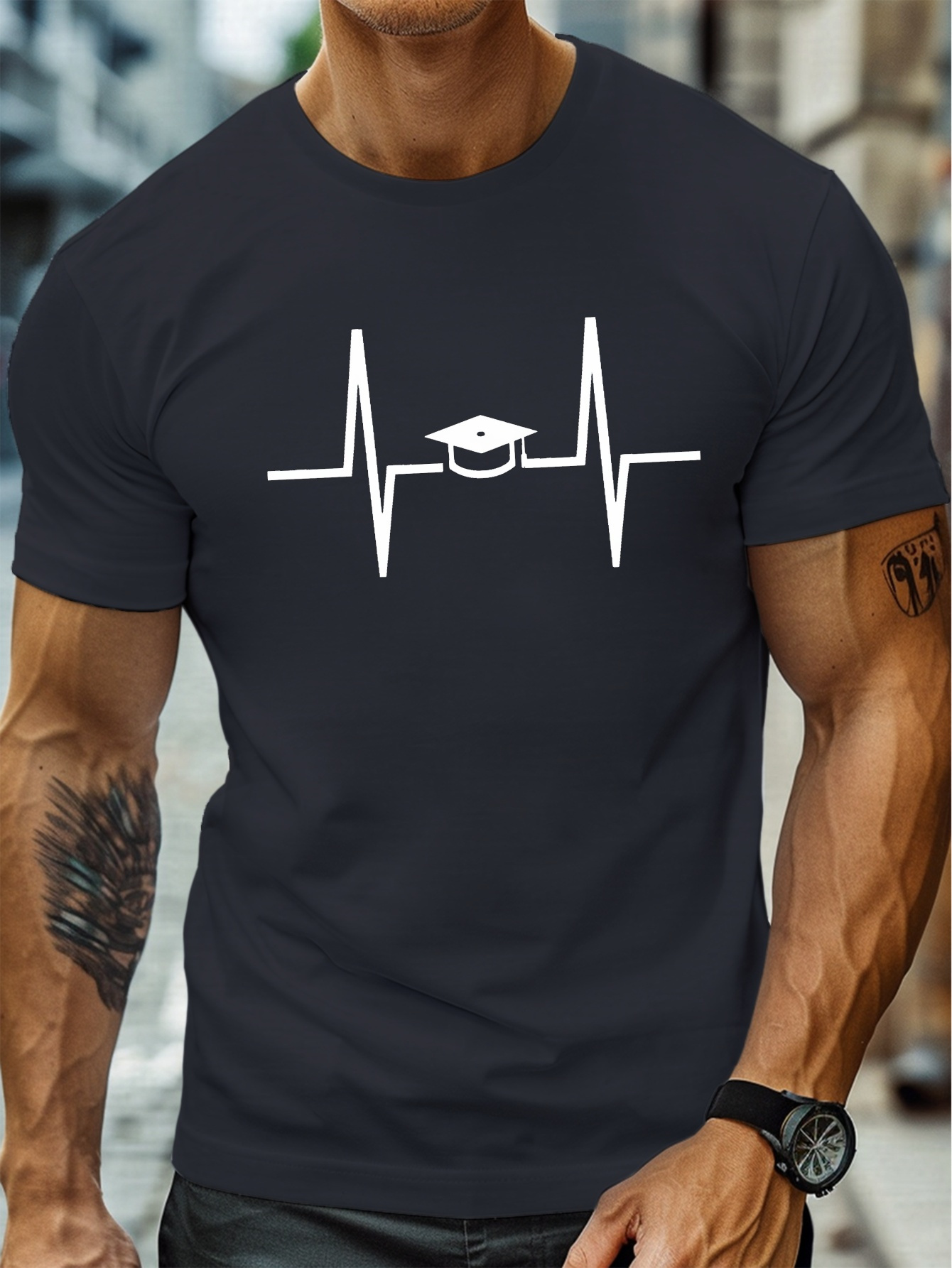 plus size mens summer t shirt heartbeat graduation cap graphic print short sleeve tees trend casual tops for daily life big tall guys details 14