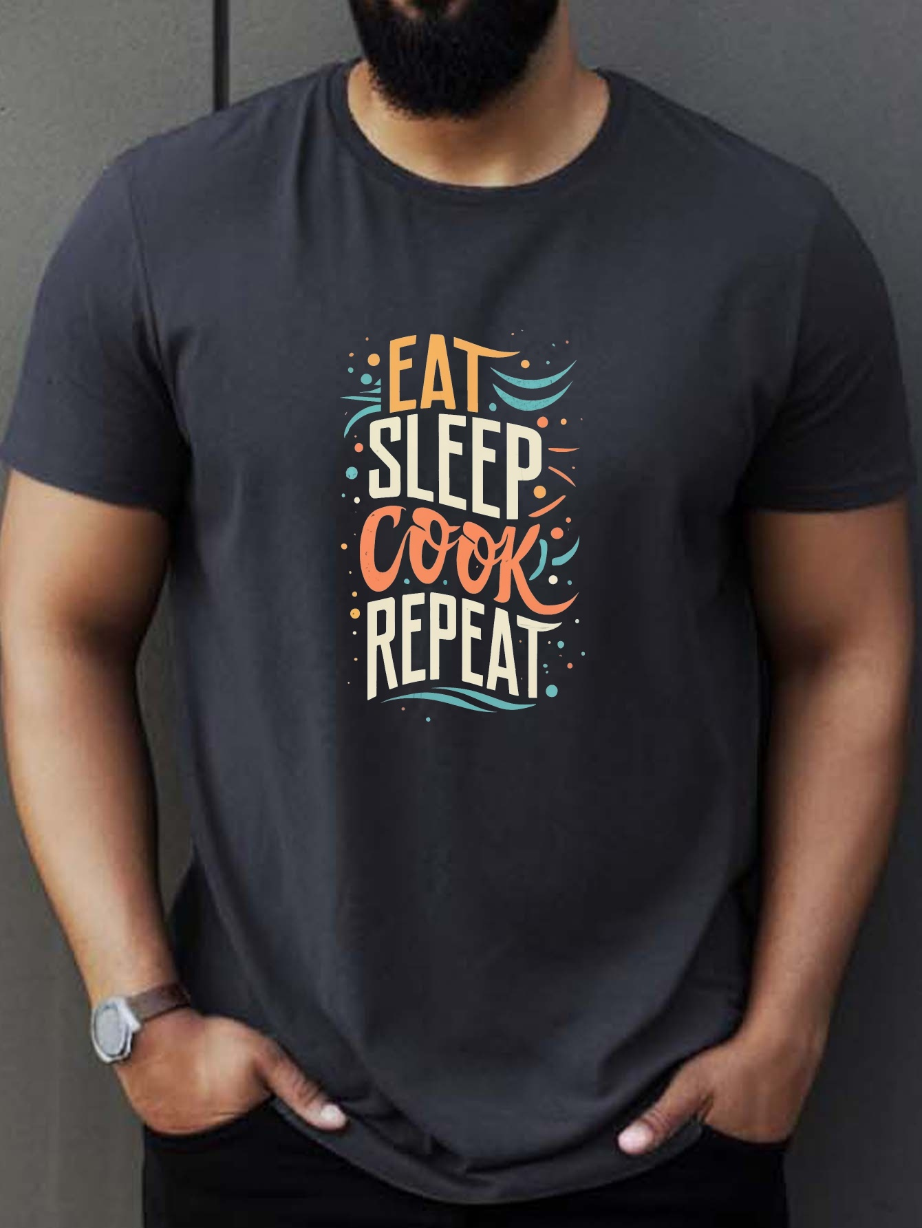 plus size mens summer t shirt eat sleep cook repeat graphic print short sleeve tees trend casual tops for daily life big tall guys details 0