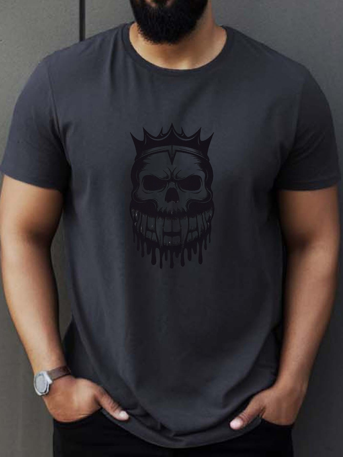 plus size mens summer t shirt monochromatic skull crown graphic print short sleeve tees trend casual tops for daily life big tall guys details 0