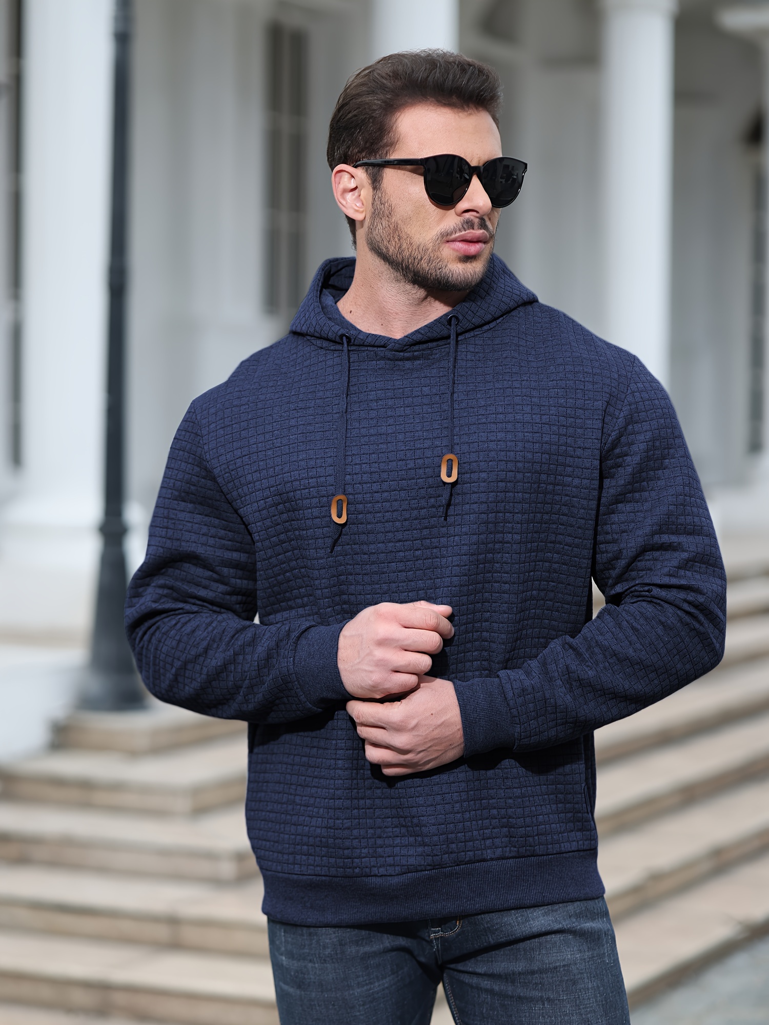 spring autumn mens plus size y2k casual sweater sports sweatshirt hooded sweater checkered jacquard street long sleeved pullover with drawstring details 6