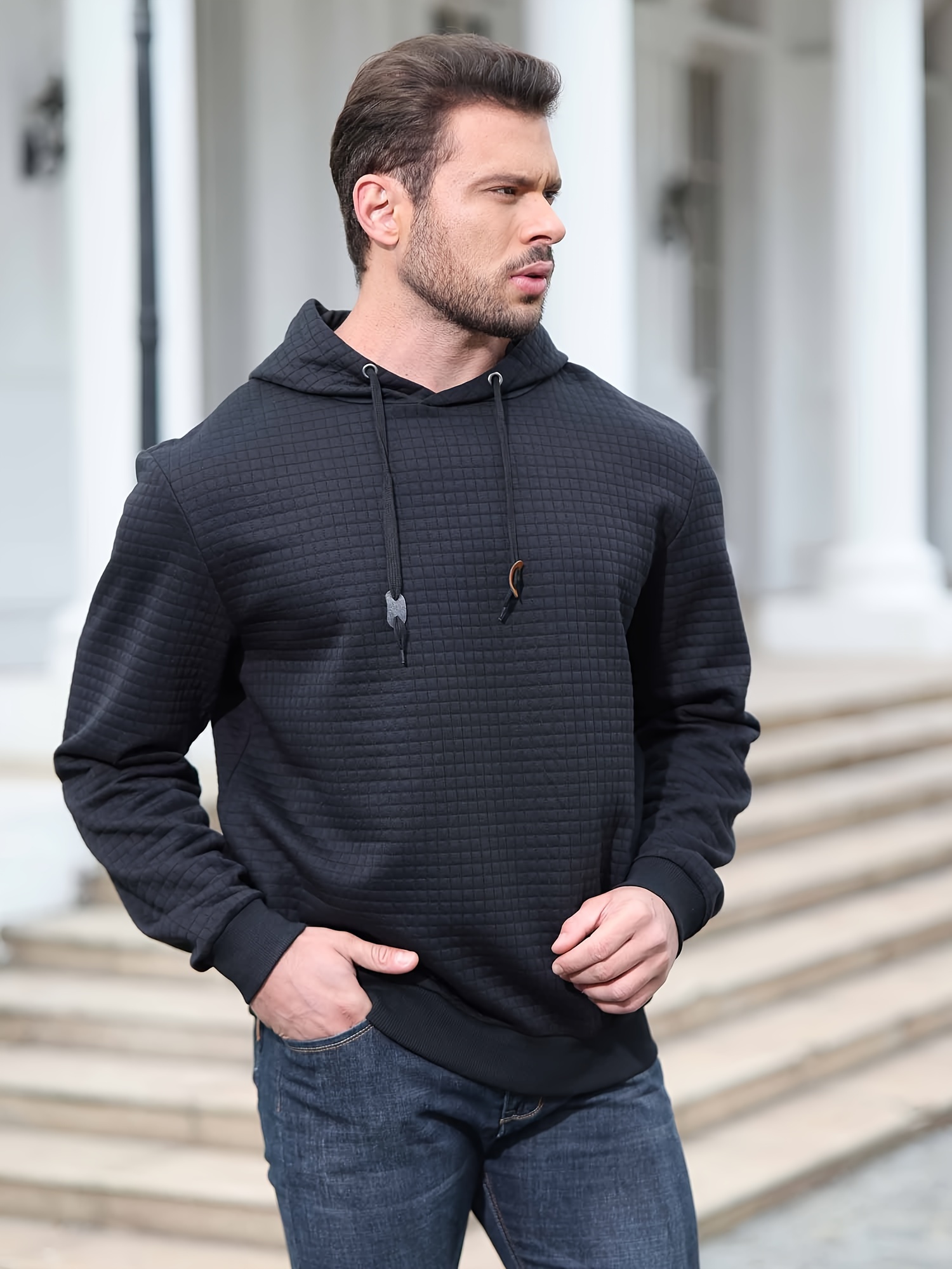 spring autumn mens plus size y2k casual sweater sports sweatshirt hooded sweater checkered jacquard street long sleeved pullover with drawstring details 24