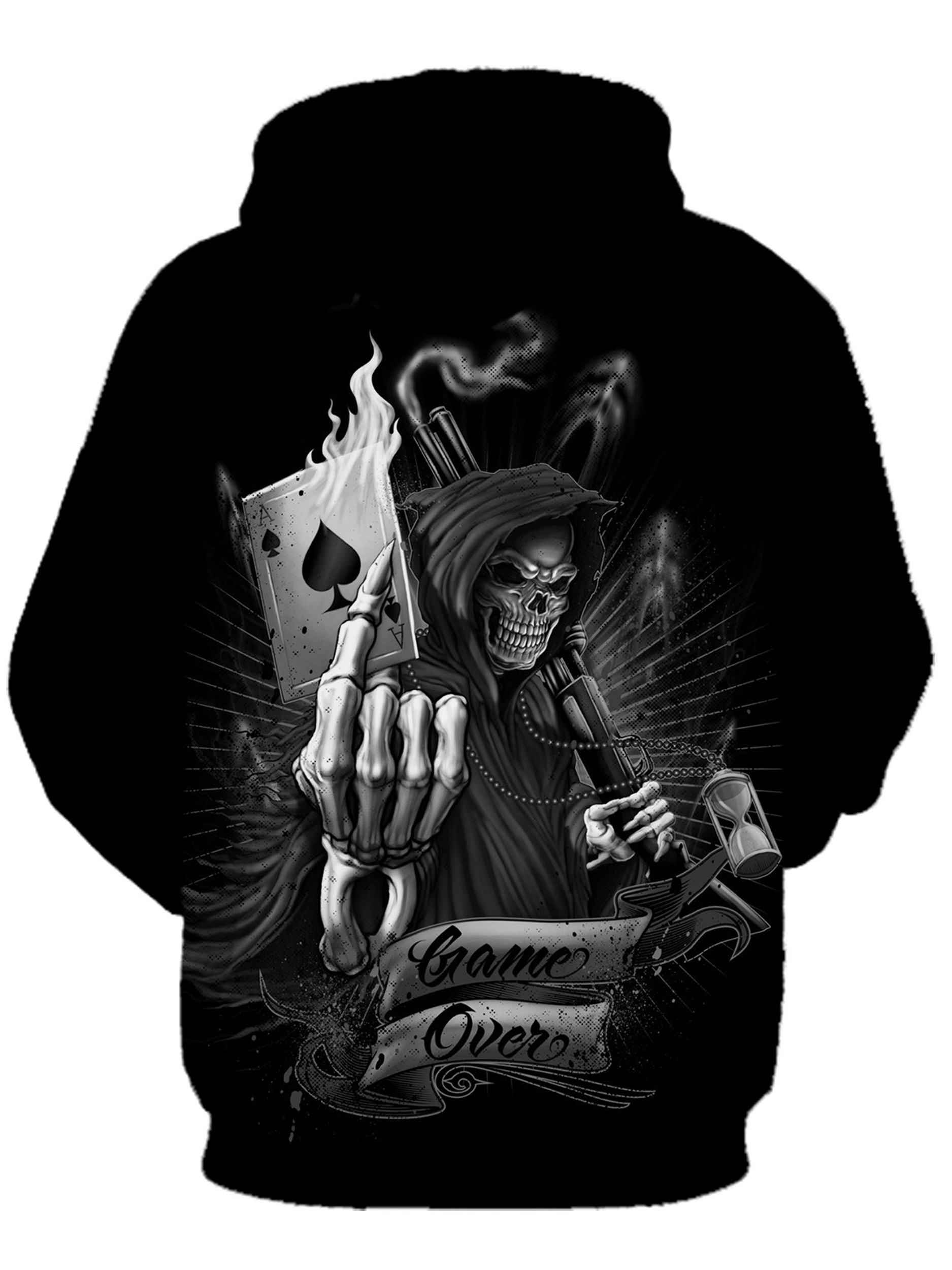 mens plus size hoodie with 3d grim   flaming card graphic and game over slogan pullover sweatshirt comfort fit details 0