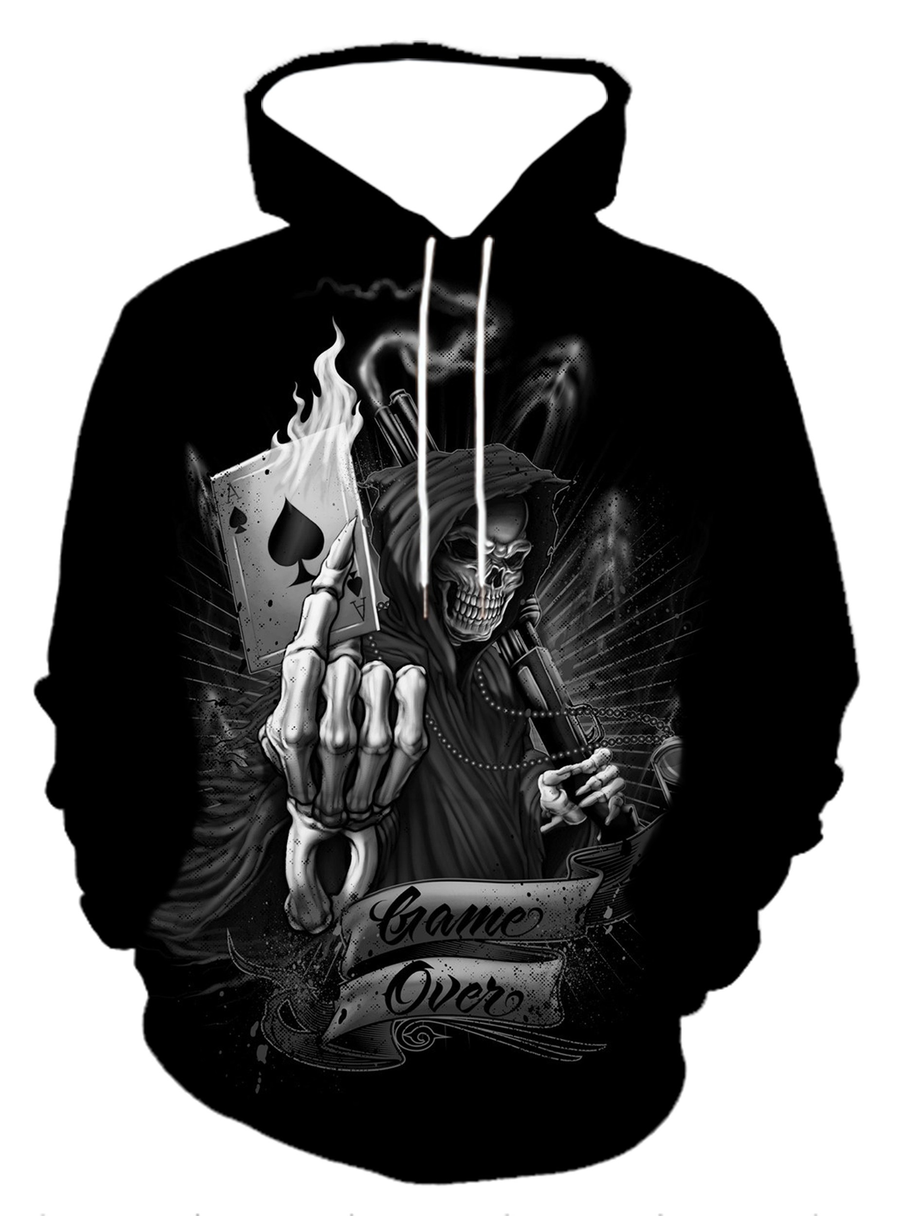 mens plus size hoodie with 3d grim   flaming card graphic and game over slogan pullover sweatshirt comfort fit details 1