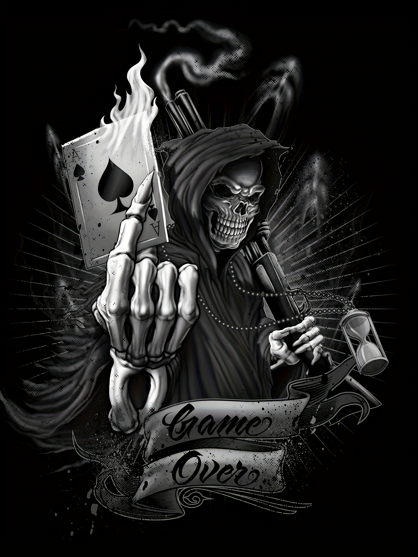 mens plus size hoodie with 3d grim   flaming card graphic and game over slogan pullover sweatshirt comfort fit details 4