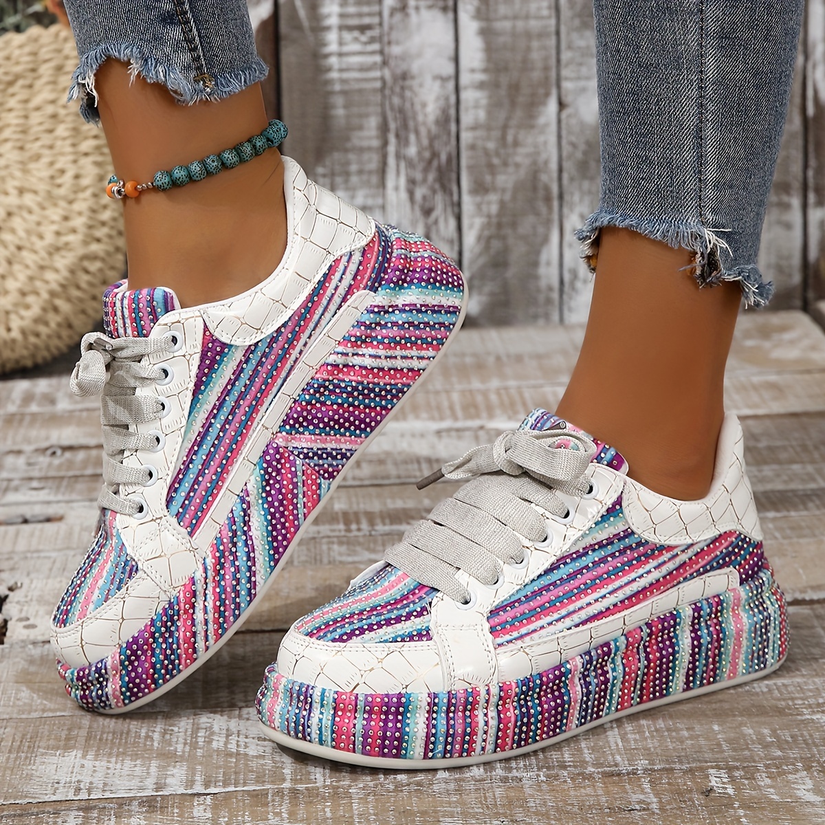 Women s Rhinestone Decor Striped Sneakers Lace Platform details 0