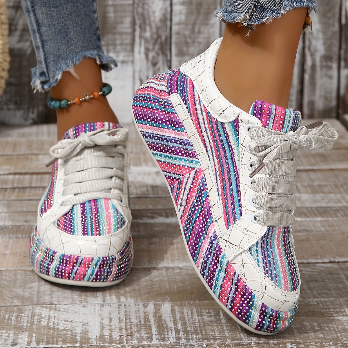 Women s Rhinestone Decor Striped Sneakers Lace Platform details 3