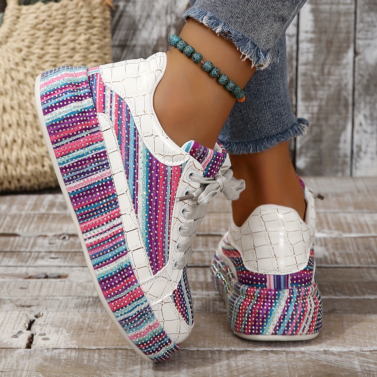 Women s Rhinestone Decor Striped Sneakers Lace Platform details 4