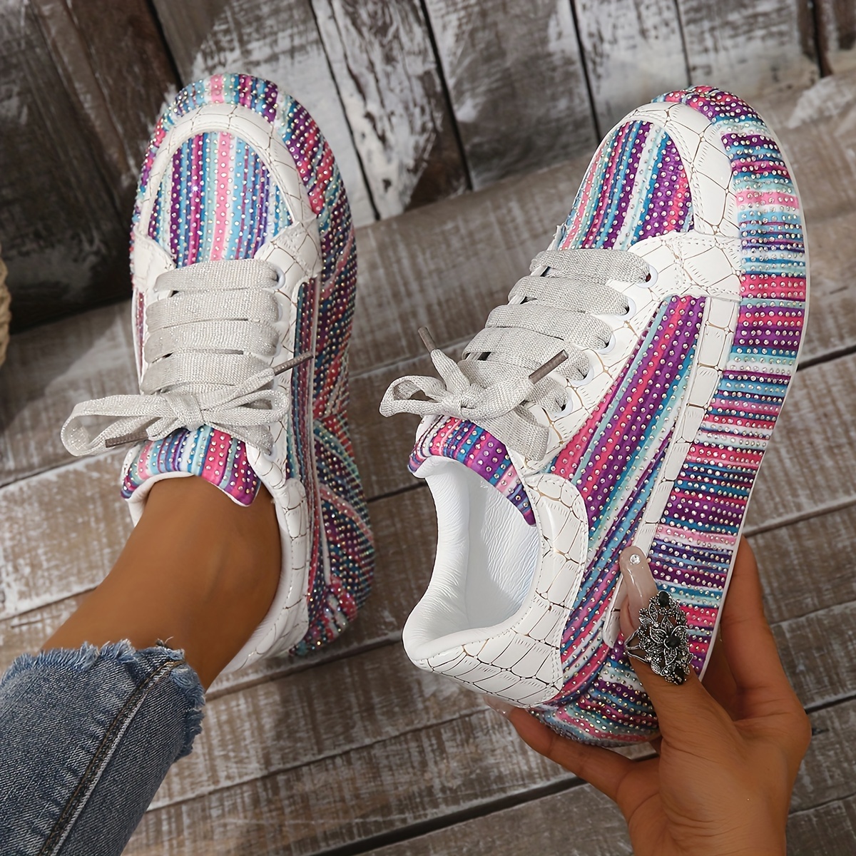 Women s Rhinestone Decor Striped Sneakers Lace Platform details 5