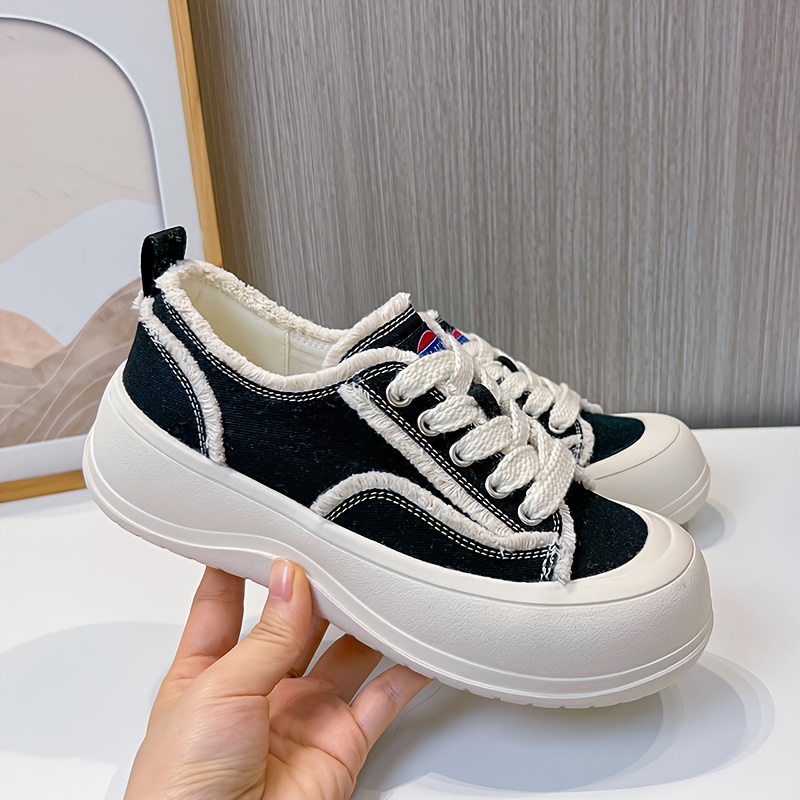 Women s Solid Color Canvas Sneakers Lace Platform Soft Sole details 5