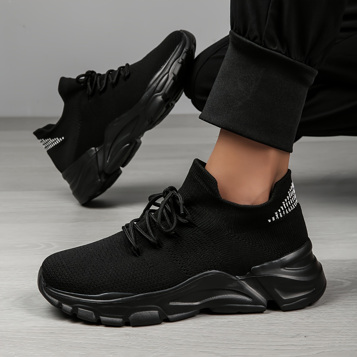 Men s Spring/Summer Lightweight Breathable Knit Sneakers - 2024 New Style Casual Athletic Walking Shoes - Black -  -top - Lace-up - EVA Sole - No Inner Liner - Fabric Upper details 1