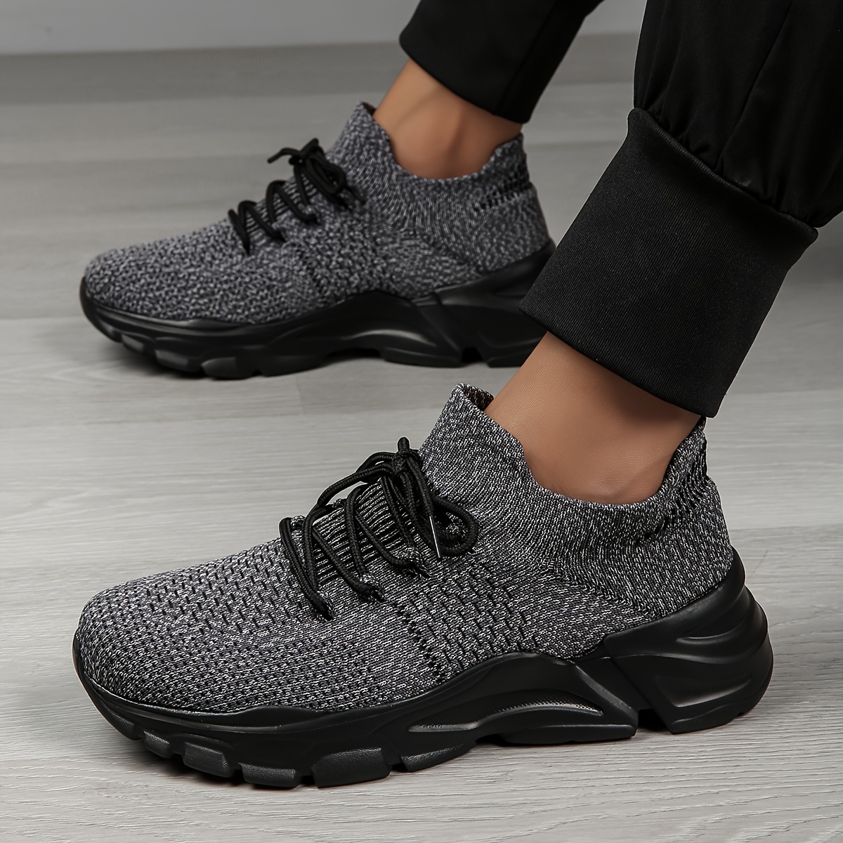 Men s Spring/Summer Lightweight Breathable Knit Sneakers - 2024 New Style Casual Athletic Walking Shoes - Black -  -top - Lace-up - EVA Sole - No Inner Liner - Fabric Upper details 9