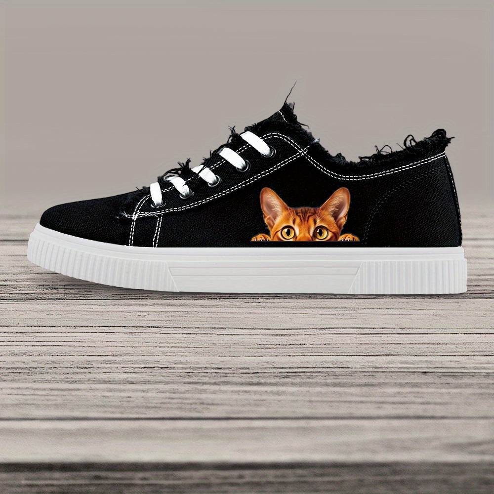 Men s Cartoon Cat Sneakers - Casual Lace-Up Canvas Shoes with Rubber Sole and Fabric Insole, Round Toe Preppy Style, All-Season Comfort for Daily Wear details 3