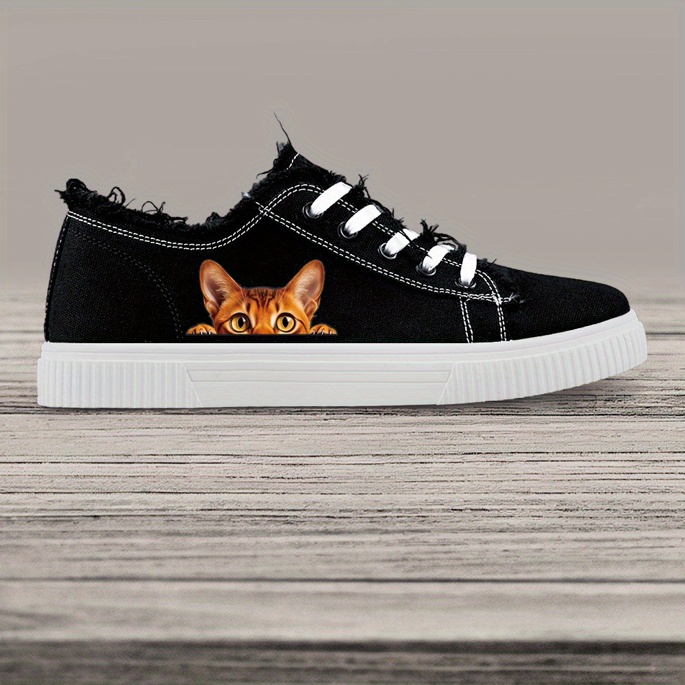 Men s Cartoon Cat Sneakers - Casual Lace-Up Canvas Shoes with Rubber Sole and Fabric Insole, Round Toe Preppy Style, All-Season Comfort for Daily Wear details 4